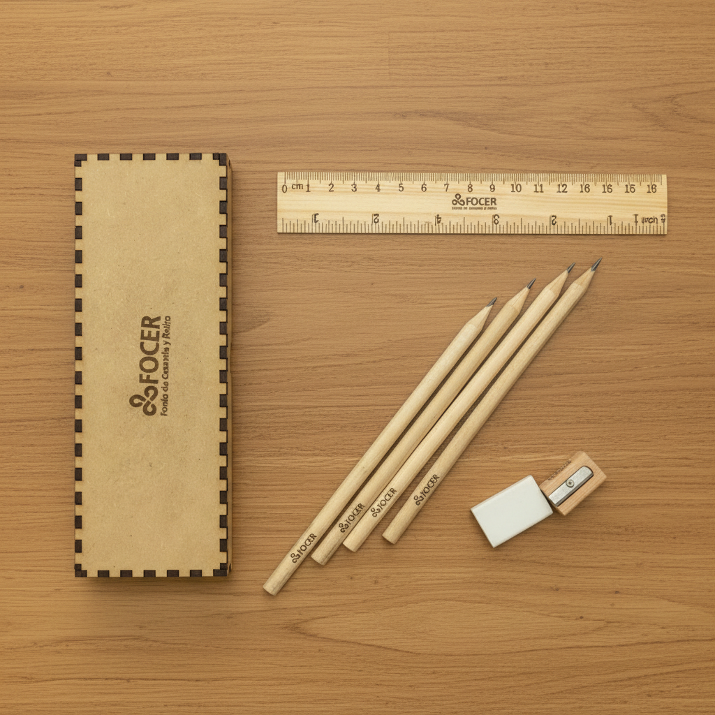 Kit enebro en mdf, logo impreso en uv personalizado. Regalo corporativo.
