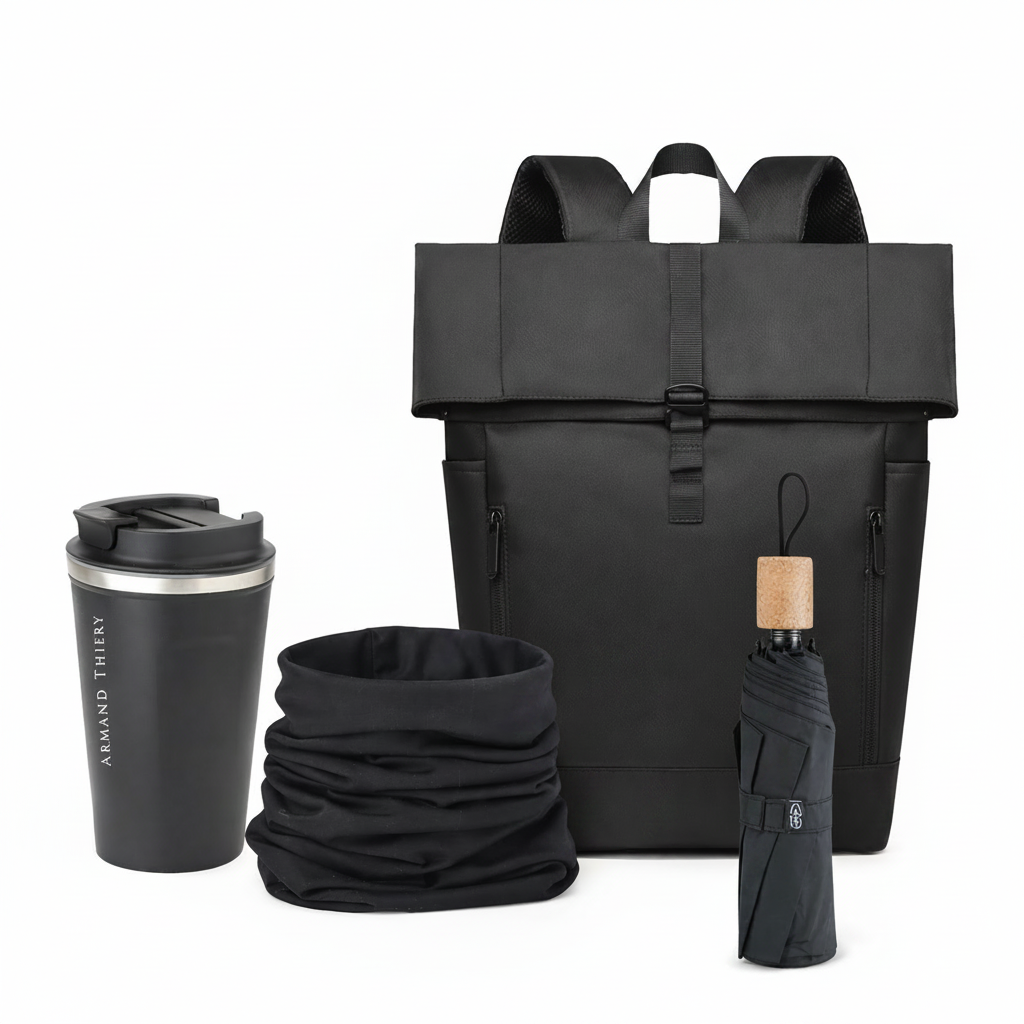 Kit Esencia Urbana, mochila de color negra. Logo personalizado, regalo empresarial.