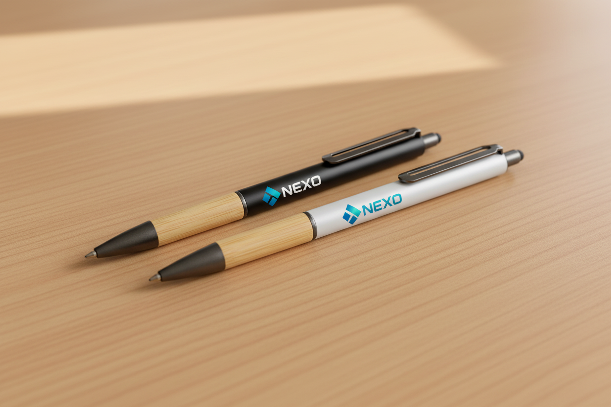 Lapicera gardenia, logo impreso a color. Blanca y negra. Logo personalizado, regalo empresarial.