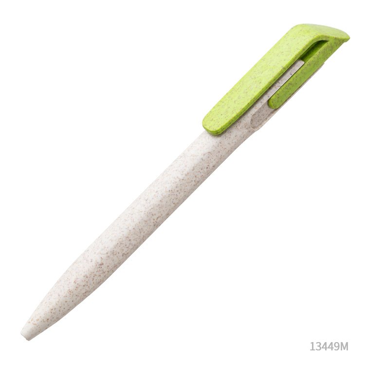 Lapicera Oriz de color verde. Material ecológico a base de fibra de trigo. Logo personalizado, regalo corporativo.