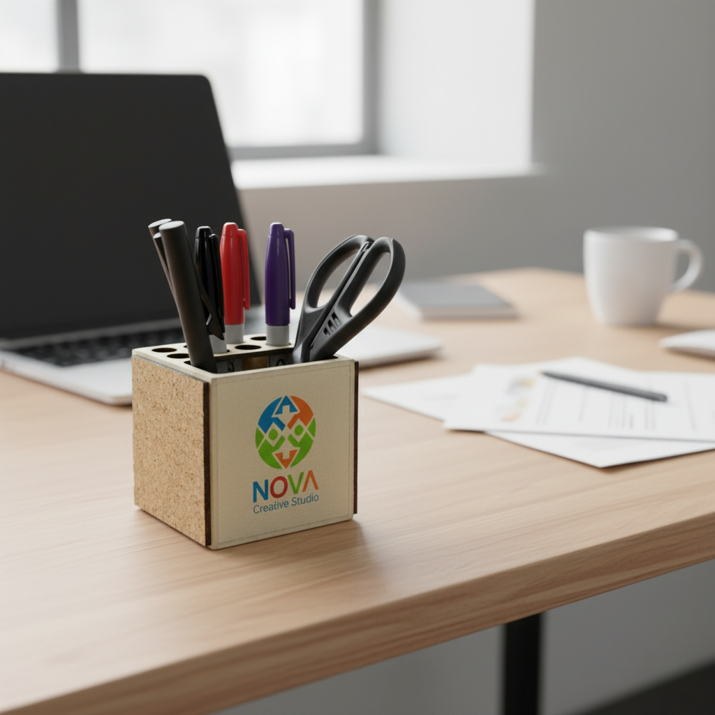 Lapicero Cálico sobre escritorio. Logo personalizado, regalo empresarial.