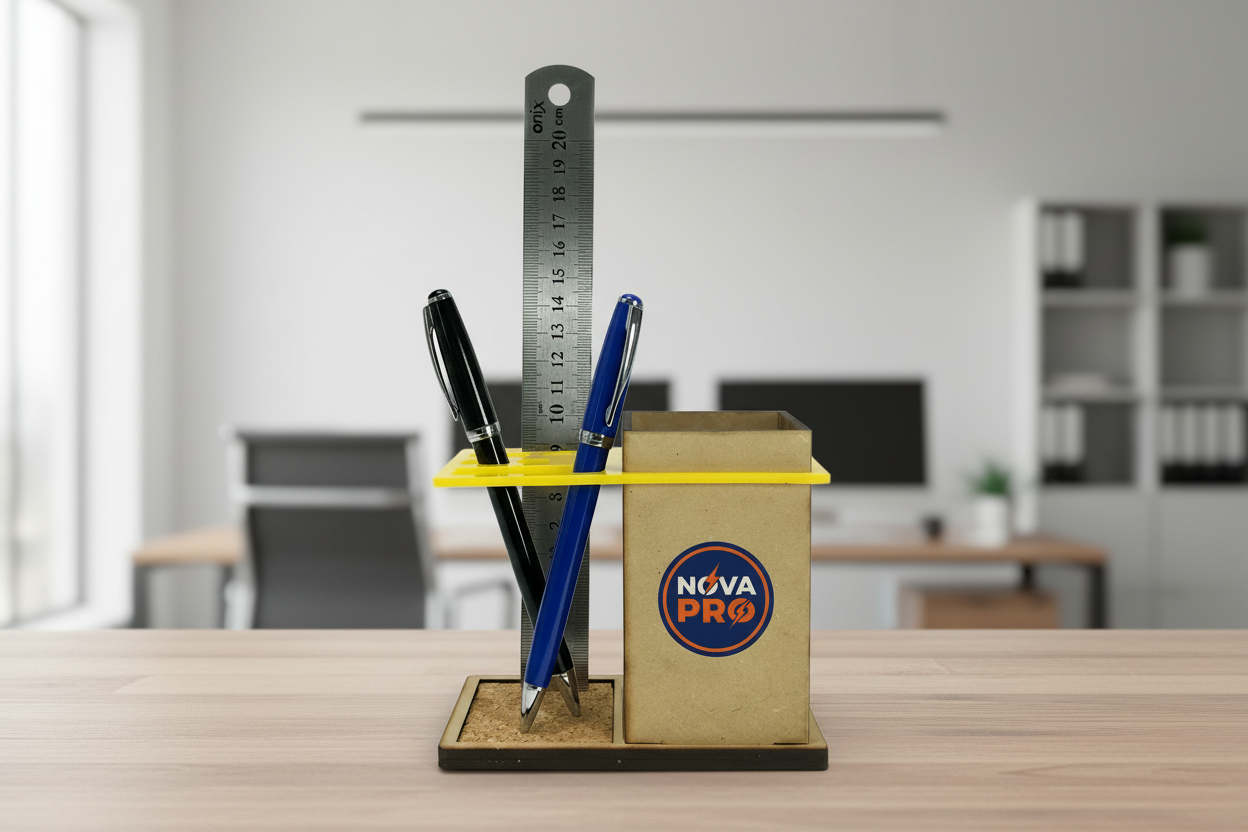 Lapicero Fuji en escritorio. Logo personalizado, regalo empresarial.