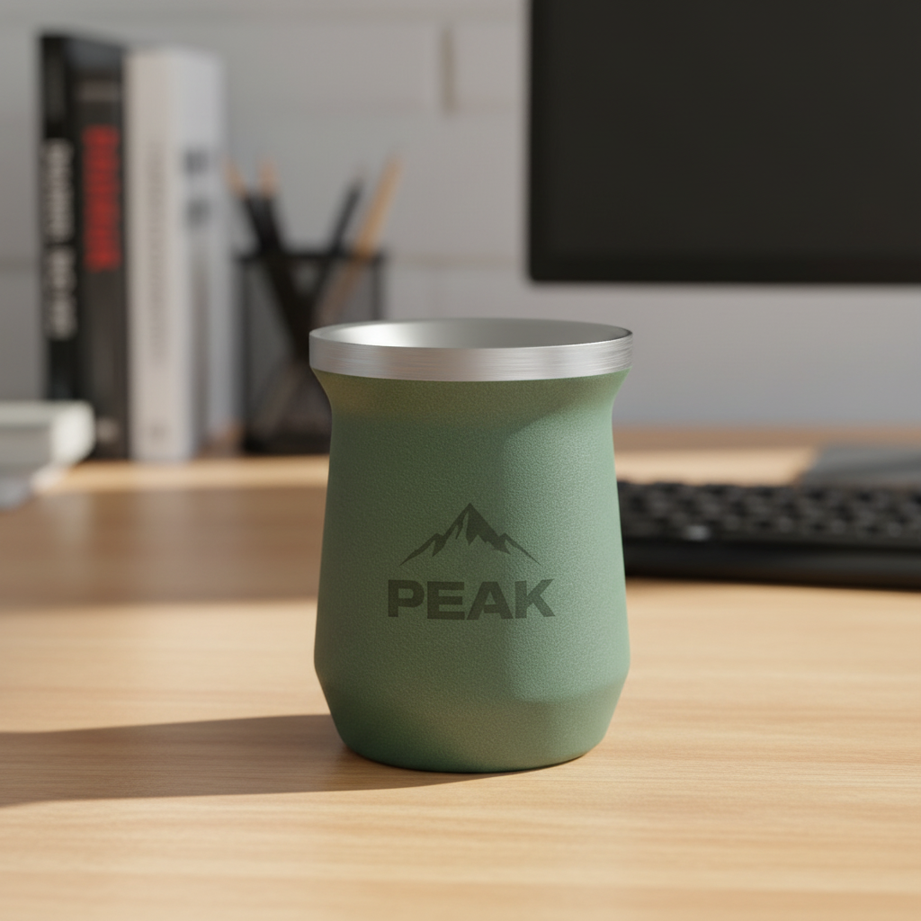 Mate de acero inoxidable color verde en escritorio. Logo personalizado, regalo empresarial.