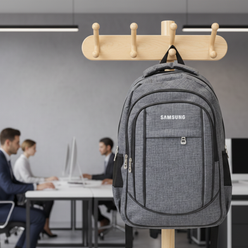 Mochila Cuatro cierres de color gris. Logo personalizado, regalo empresarial.