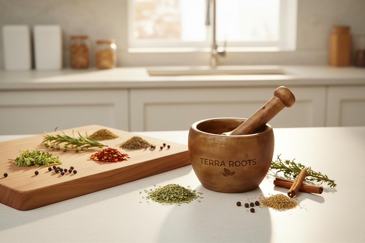 Mortero de madera en cocina. Logo personalizado, regalo empresarial.