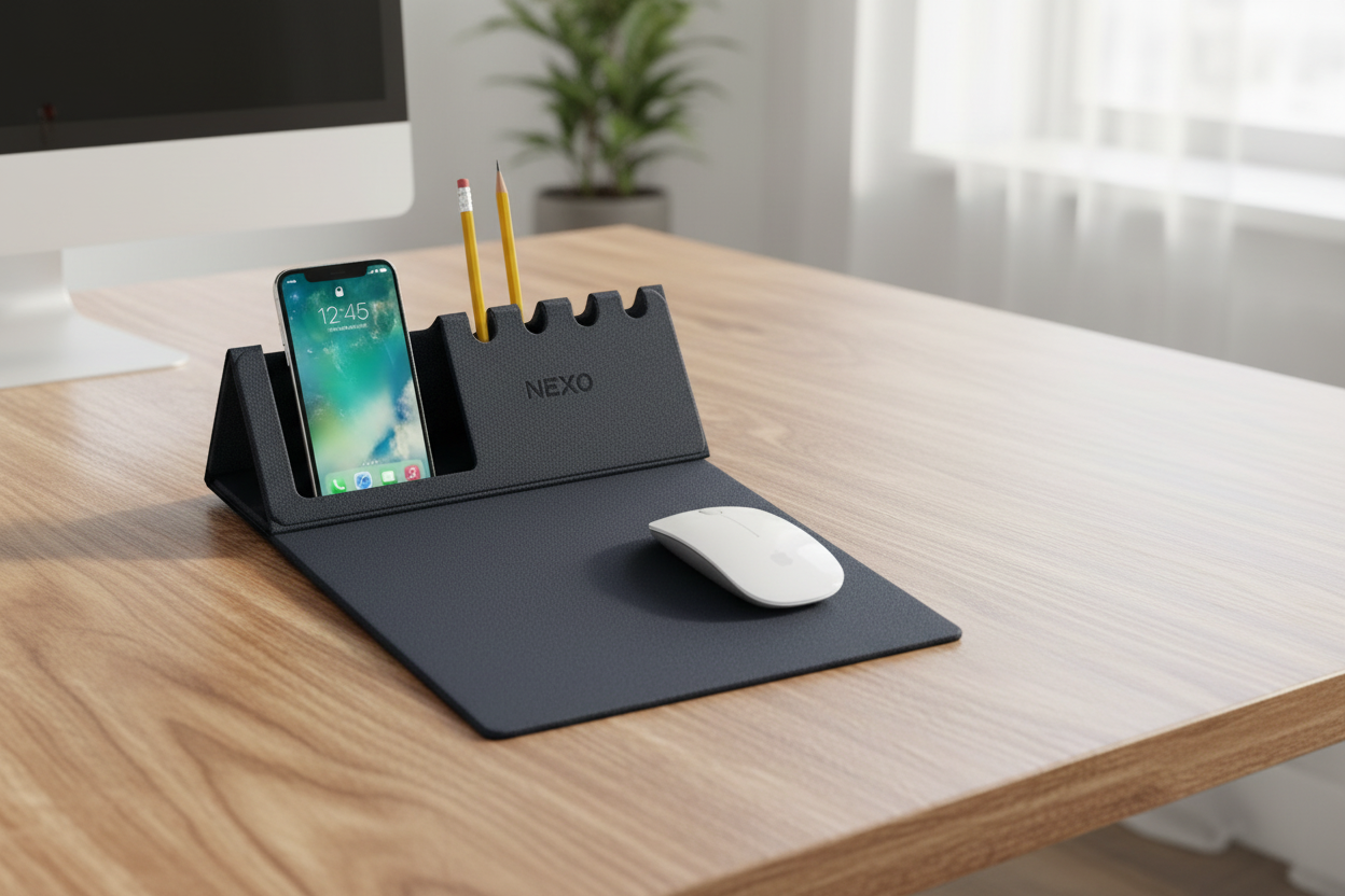 Mousepad EcoTech de color negro sobre escritorio. Logo personalizado, regalo empresarial.