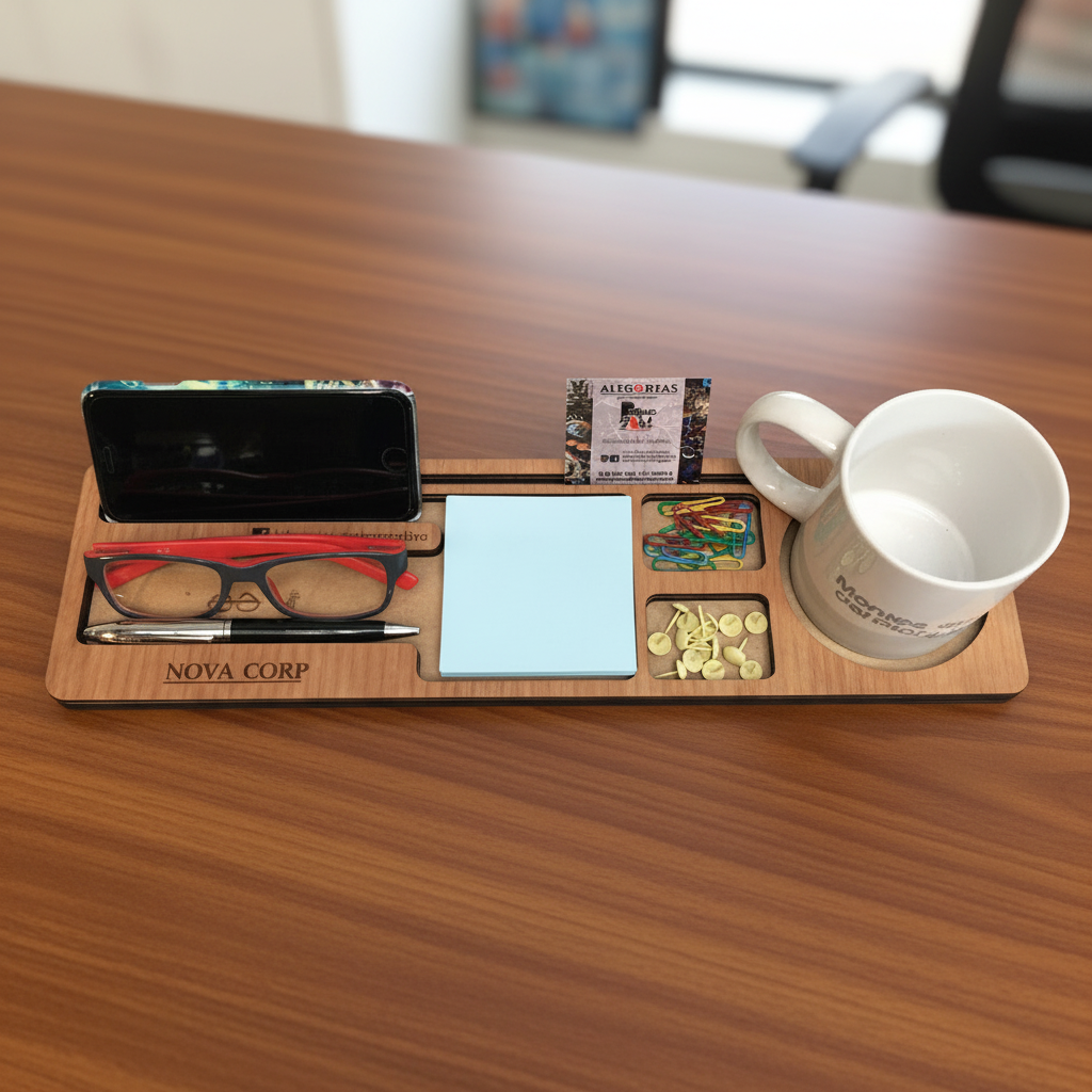 Organizador Alfa sobre escritorio. Logo personalizado, regalo empresarial.