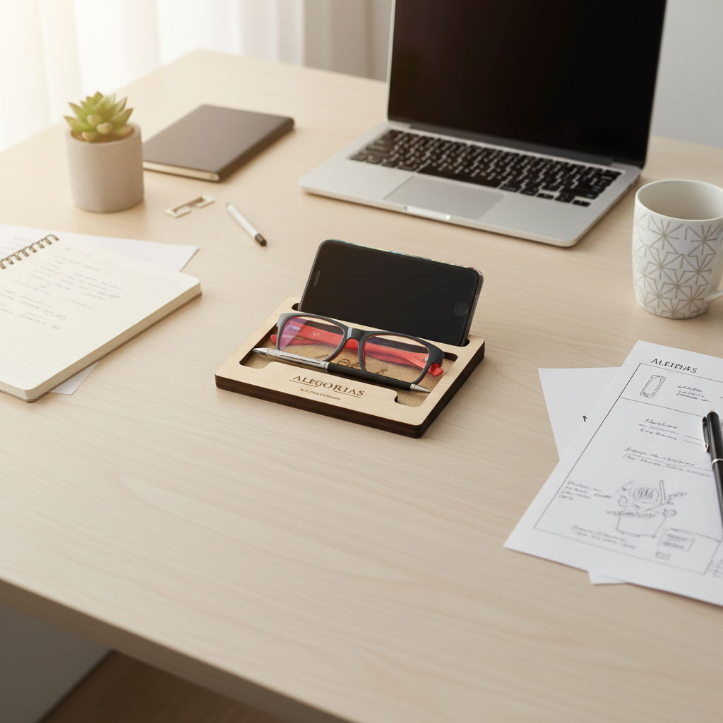 Organizador Axis sobre escritorio. Logo personalizado, regalo corporativo.