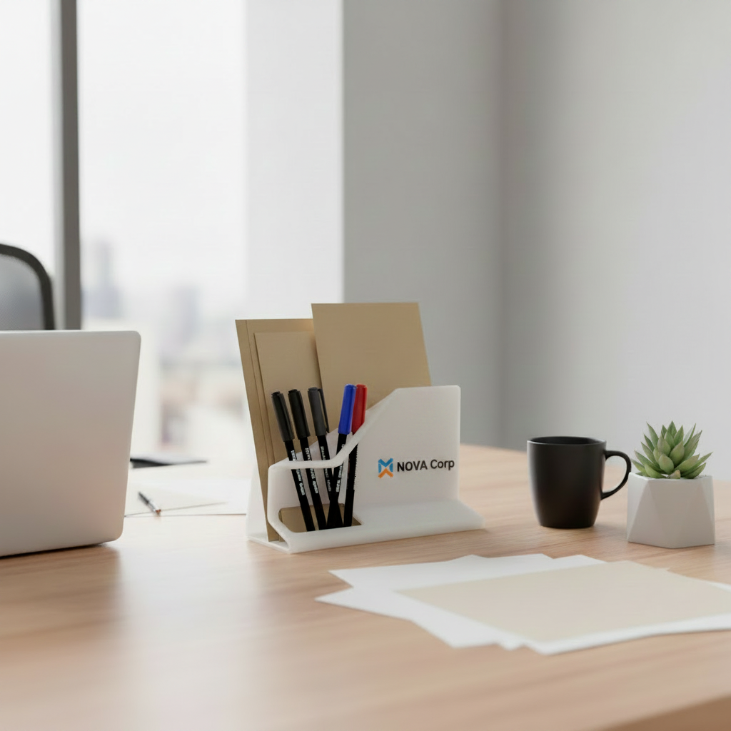 Organizador Denim sobre escritorio. Logo personalizado, regalo corporativo.