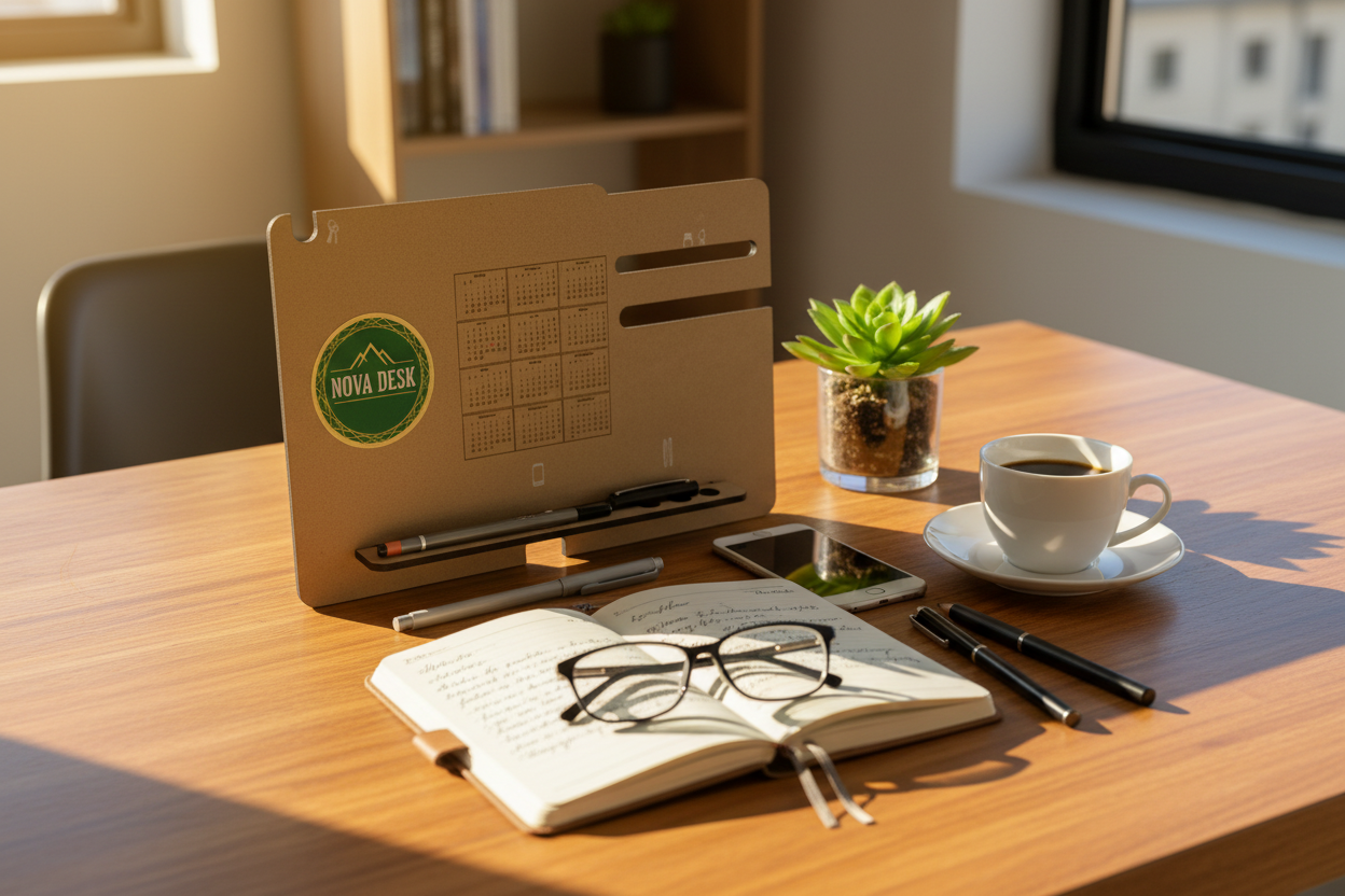 Organizador Runa sobre escritorio. Logo personalizado, regalo empresarial.