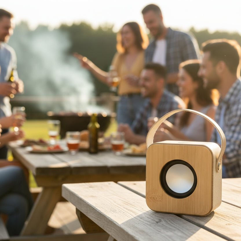 Parlante Bluetooth Junco ecológico. Logo personalizado, regalo empresarial.