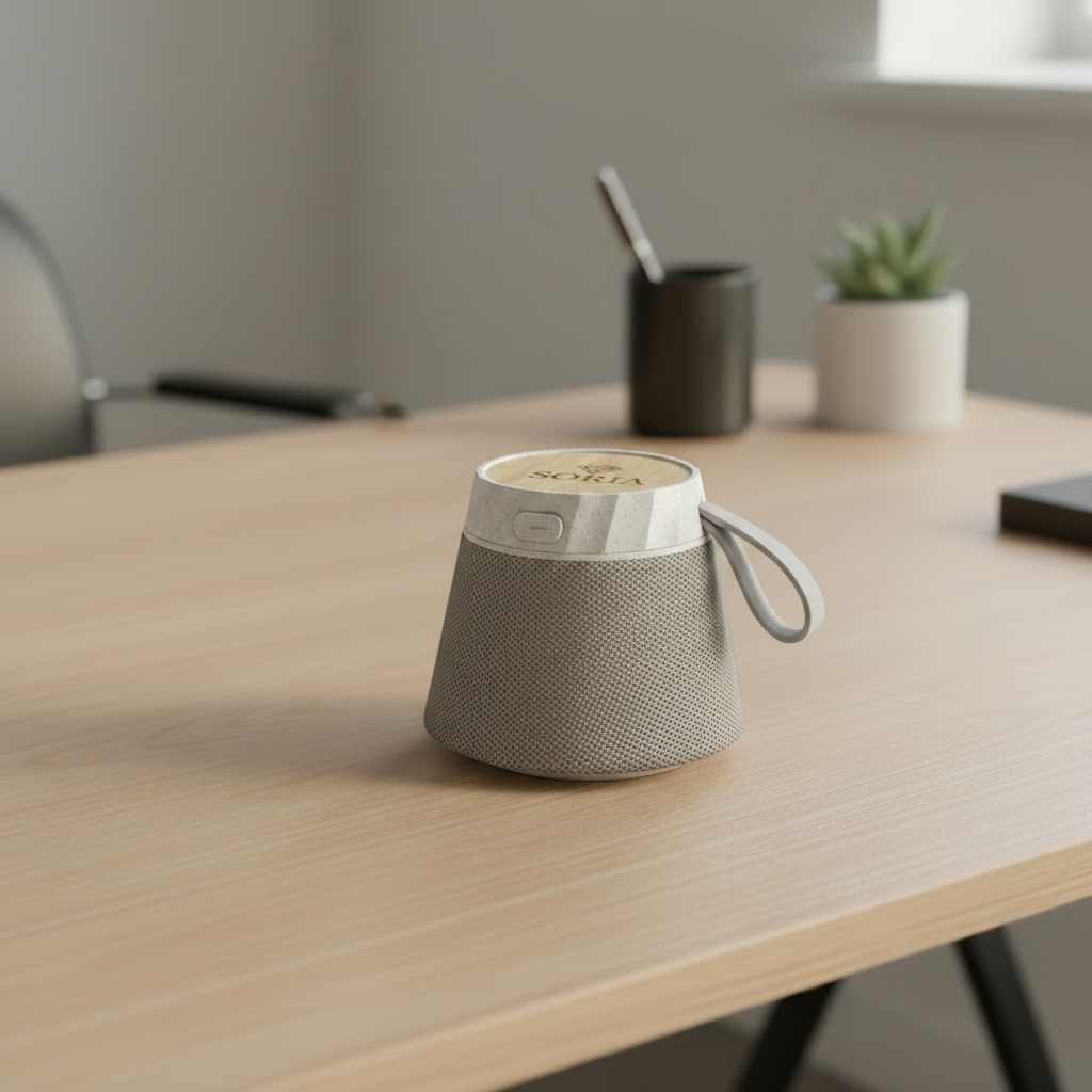 Parlante Bluetooth Soria sobre escritorio. Logo personalizado, regalo corporativo.
