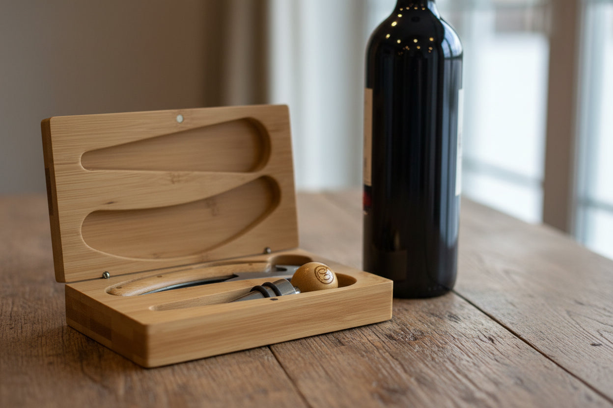 Set Accesorio para Vino Mod 2 en mesa. Logo personalizado regalo empresarial.