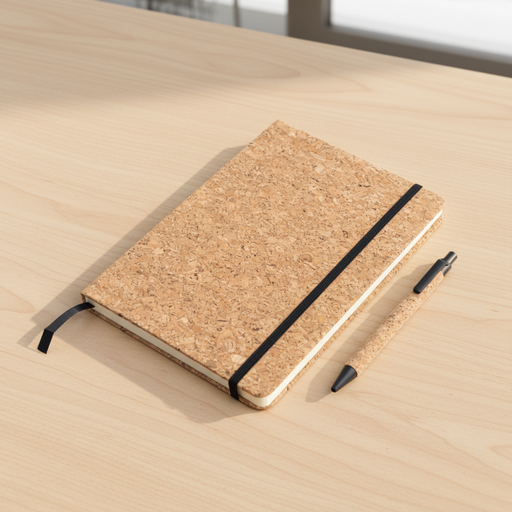 Set Lisboa, cuaderno y lapicera eco-corcho. Logo personalizado, regalo empresarial.
