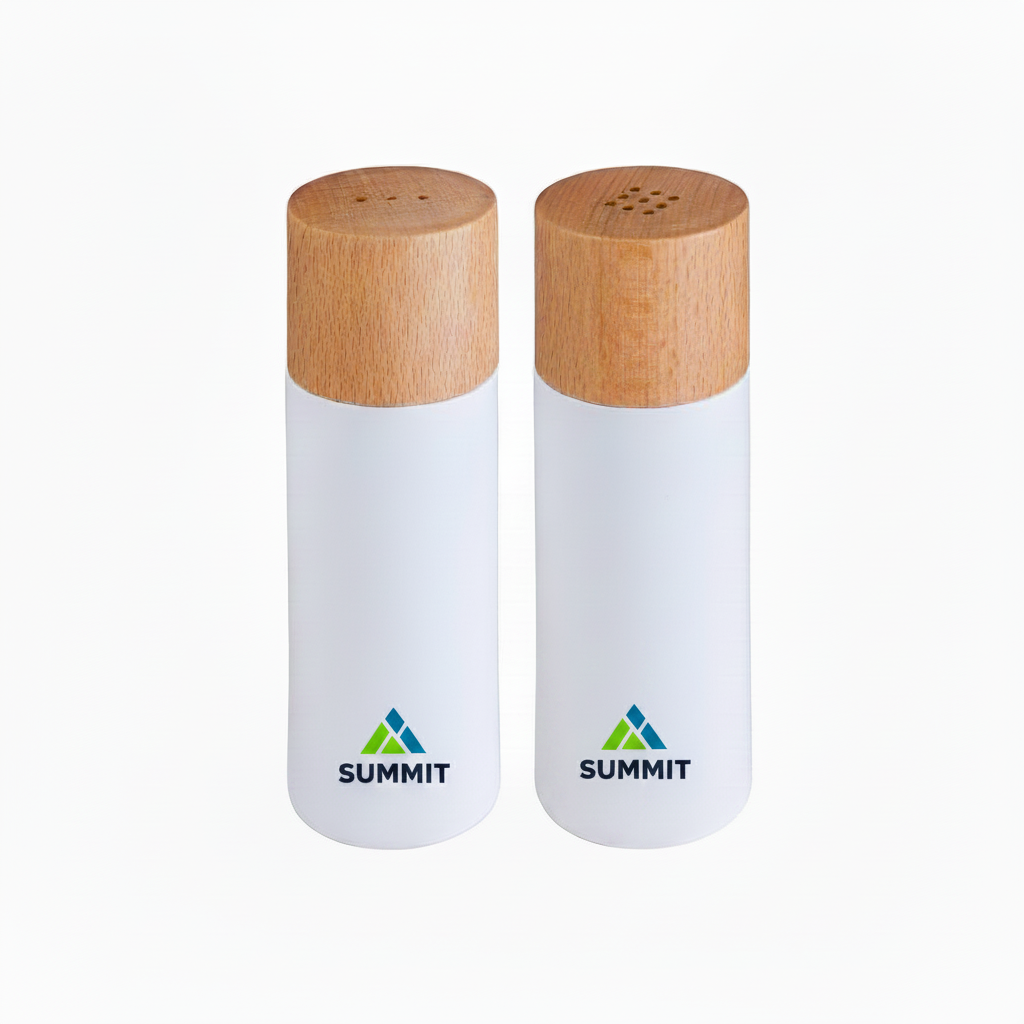set salero y pimientero eco. Logo personalizado, regalo empresarial.