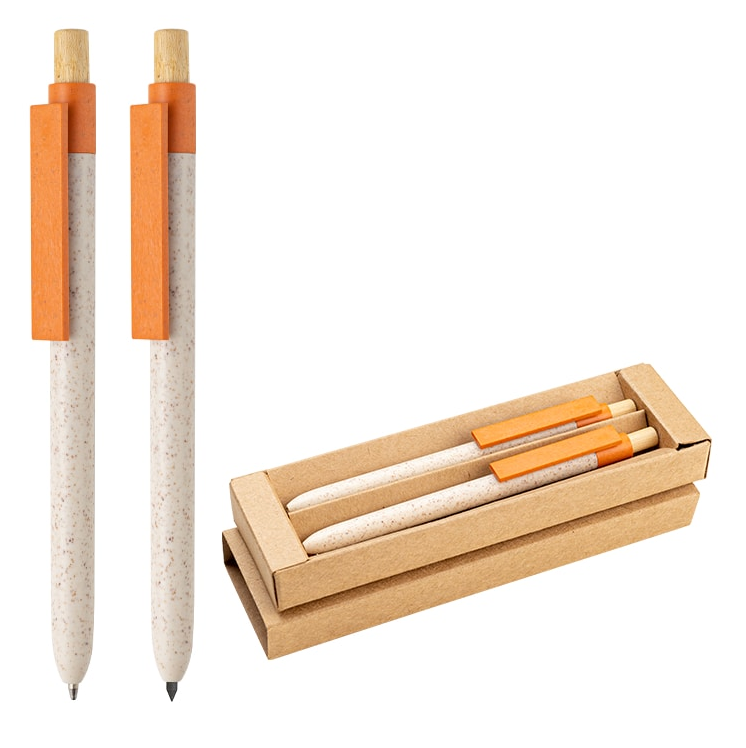 Set Vento lapicera y lápiz naranja, materiales ecológicos. Logo personalizado, regalo corporativo.