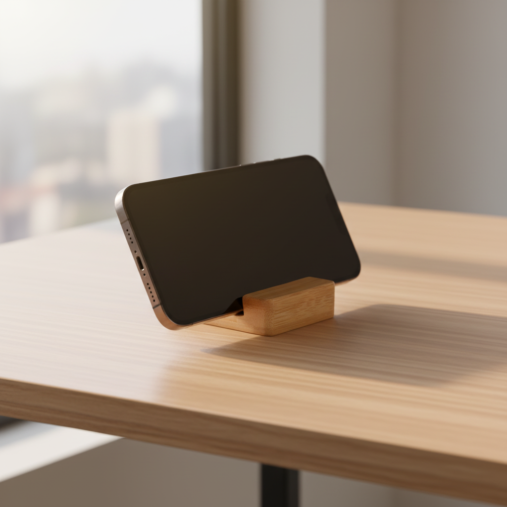 Soporte para celular de bambú en escritorio. Logo personalizado, regalo empresarial.