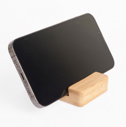 Soporte para celular de bambú. Logo personalizado, regalo empresarial.