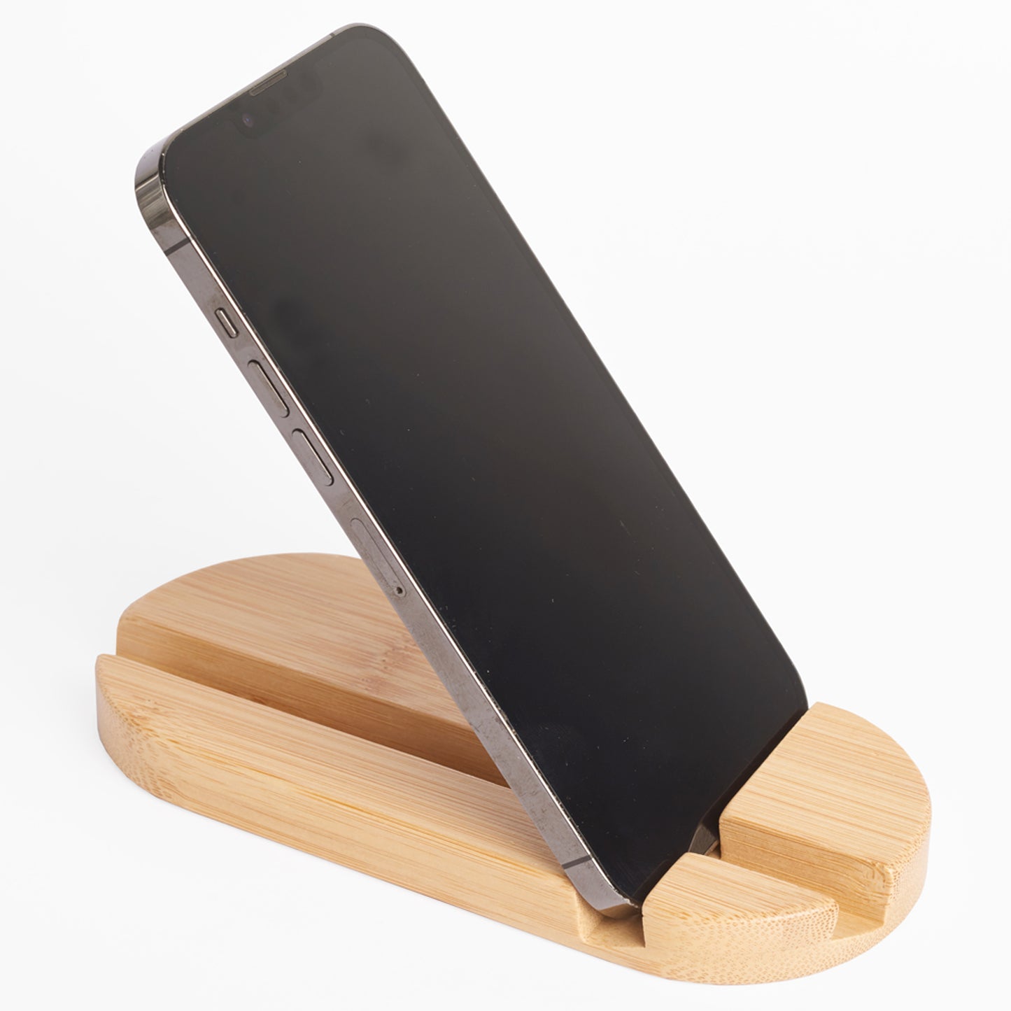Soporte para celular o tablet con bambú natural. Logo personalizado, regalo empresarial.