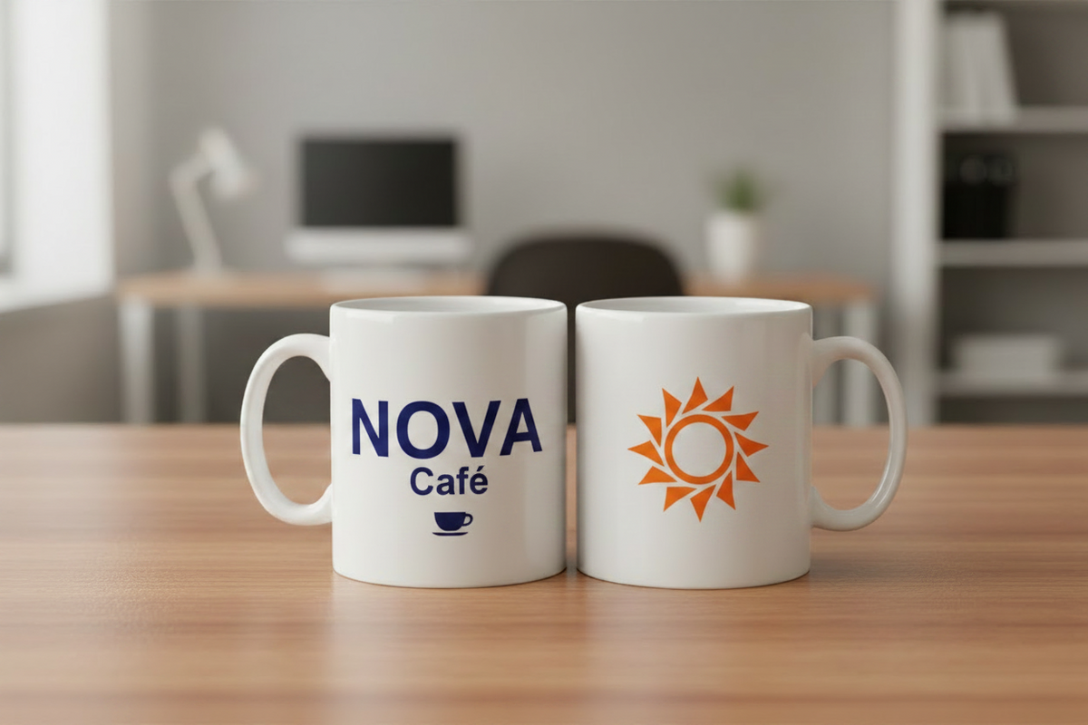 Taza blanca en escritorio. Logo personalizado, regalo empresarial.