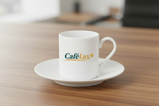 taza para cafe y platillo. Logo personalizado, regalo empresarial.