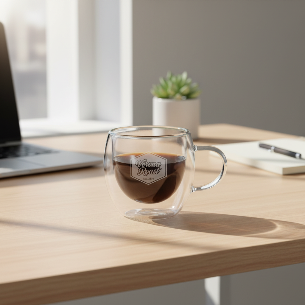 Taza doble pared en escritorio. Logo personalizado, regalo empresarial.