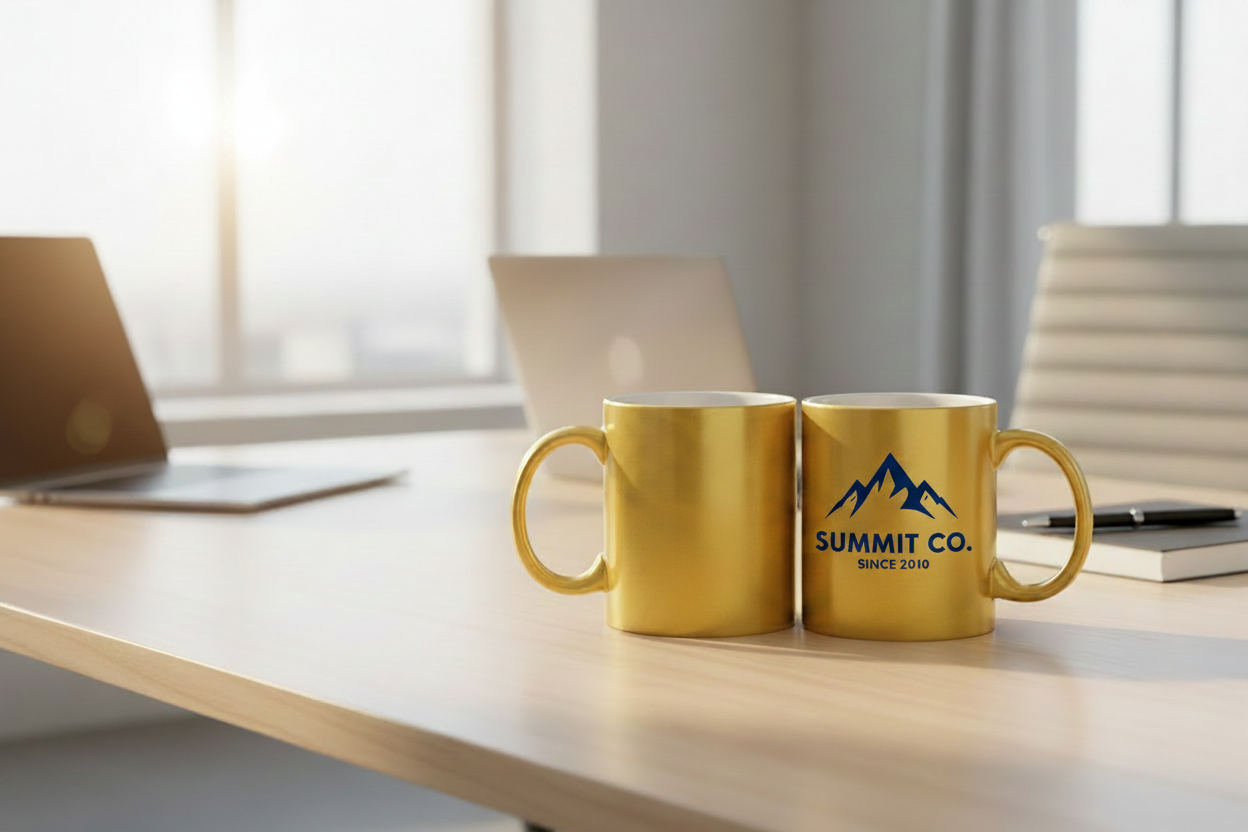 Taza metalizada dorada. Logo personalizado sublimado. Regalo empresarial.