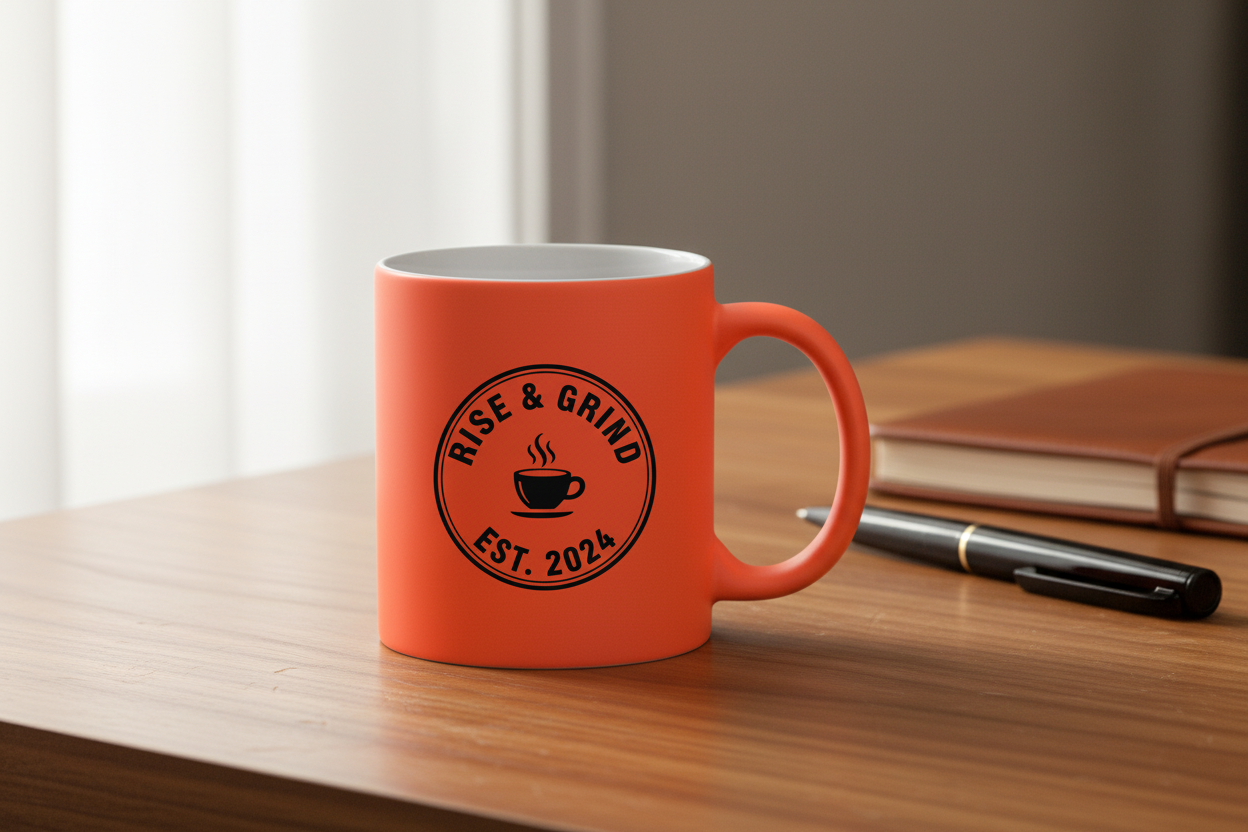 Taza neón en escritorio. Logo personalizado, regalo empresarial.