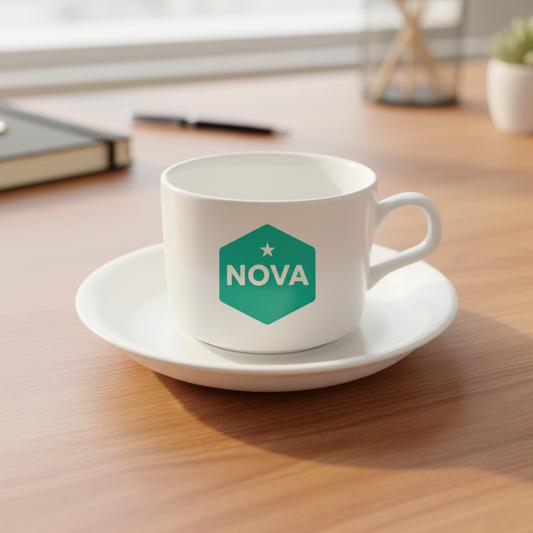 Taza de té en palto. Logo personalizado, regalo empresarial.