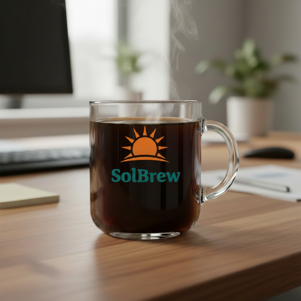 Taza de vidrio para café en un escritorio. Logo personalizado, regalo empresarial.
