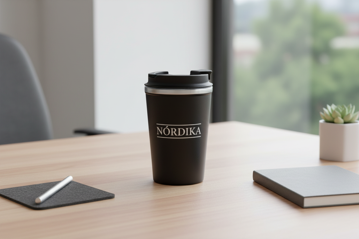 Vaso Maracaibo color negro en escritorio. Logo personalizado, regalo empresarial.