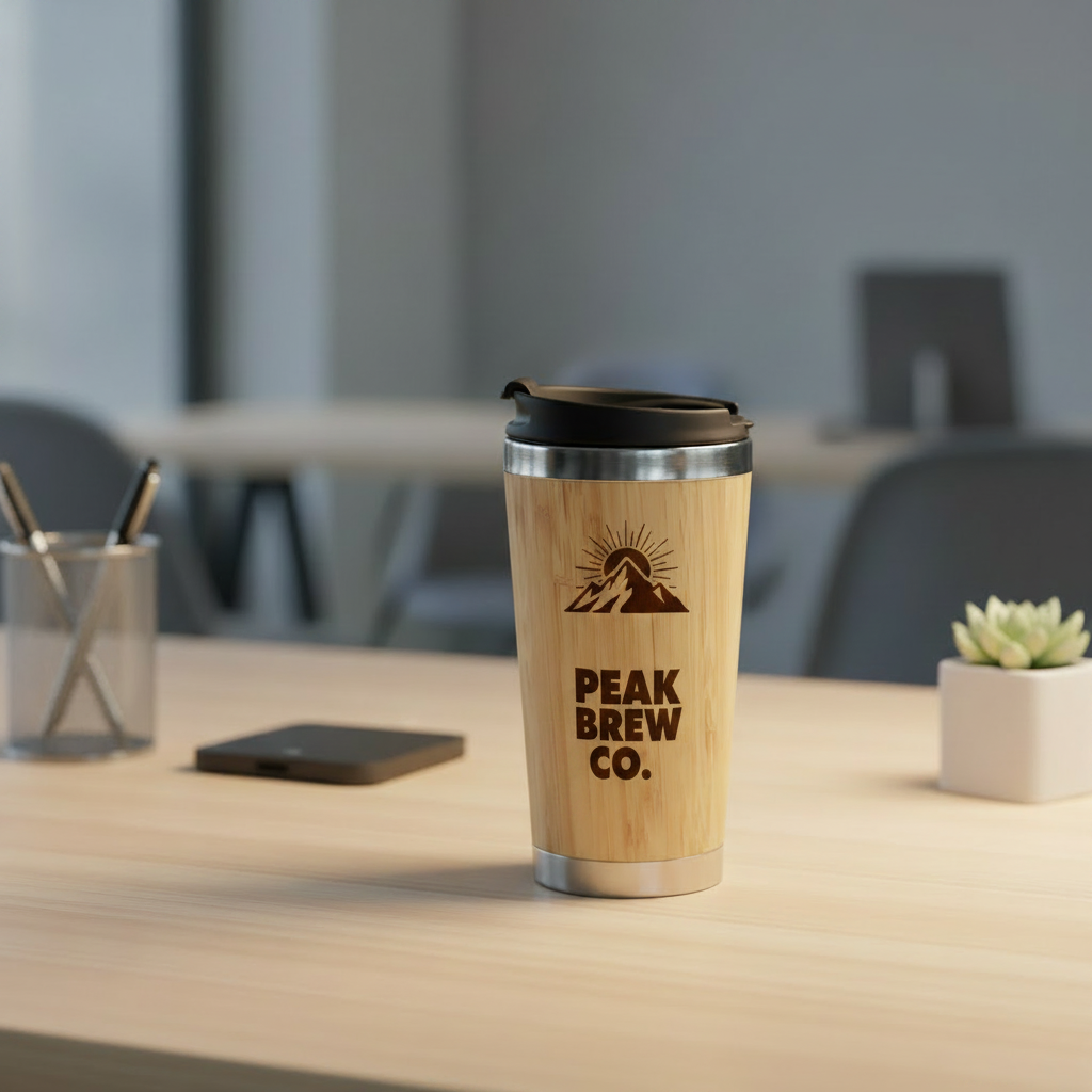 Vaso Sico en escritorio con logo personalizado grabado en láser, regalo empresarial.