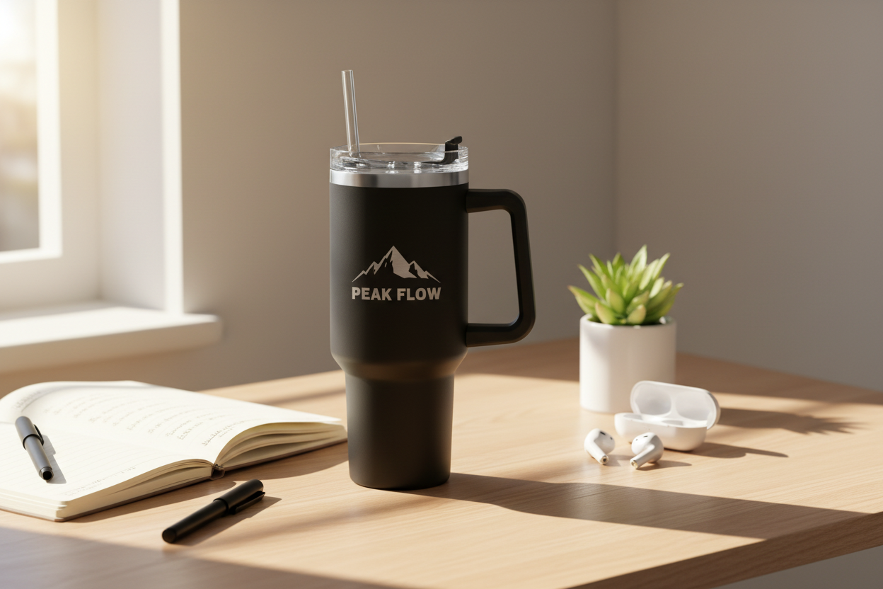 Vaso térmico en escritorio. Logo personalizado, regalo empresarial.