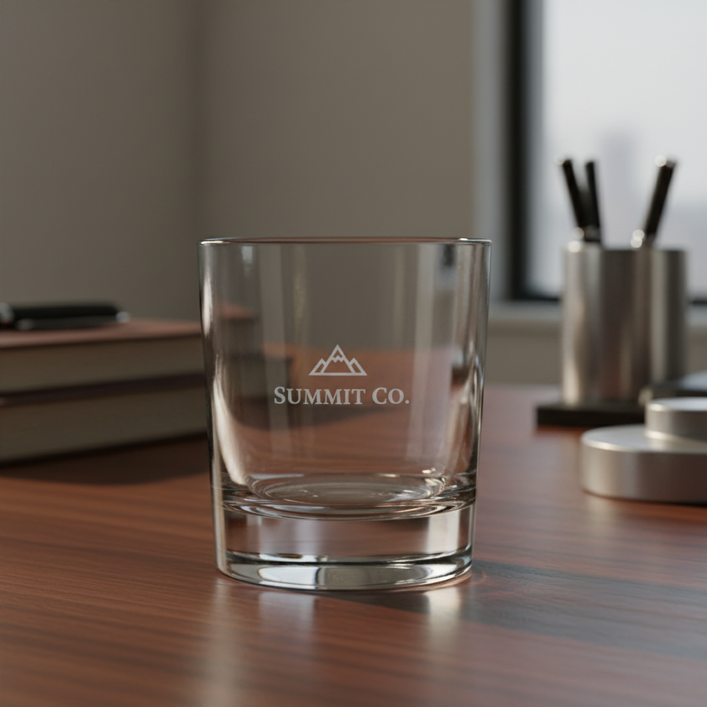 Vaso whisky en escritorio. Logo personalizado, regalo empresarial.
