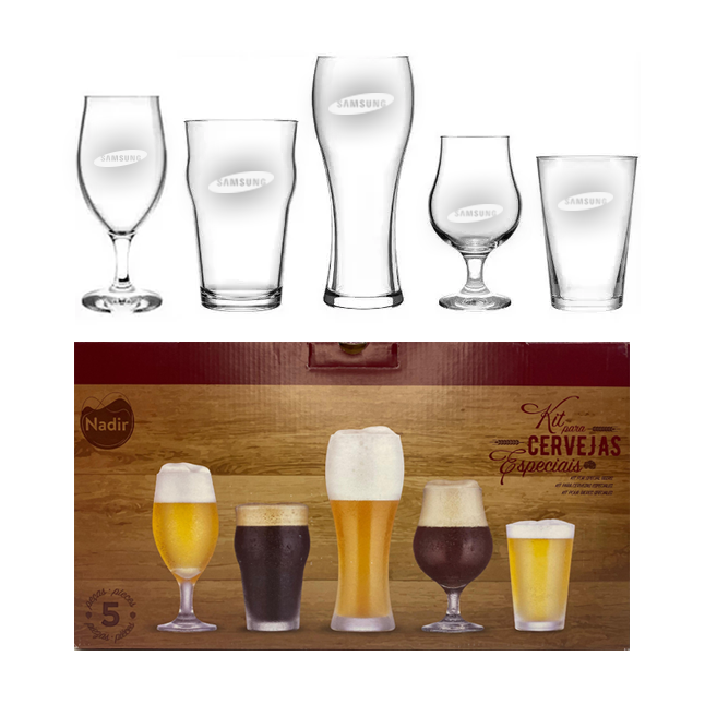 Vasos y copas de vidrio para cervezas. Para regalos empresariales se pueden personalizar con un logo utilizando grabado láser.