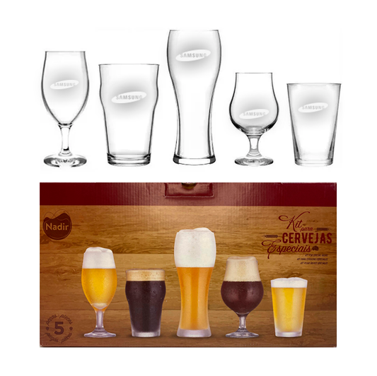 Vasos y copas de vidrio para cervezas. Para regalos empresariales se pueden personalizar con un logo utilizando grabado láser.
