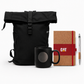 Welcome Kit, punto de partida. Mochila negra, logo personalizado, regalo empresarial.