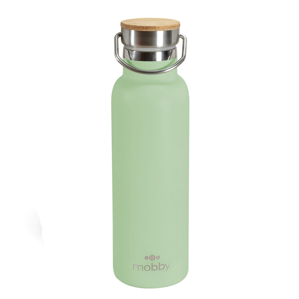 Botella para regalos empresariales con tapa de bambú. Se puede personalizar con logo utilizando grabado láser o impresión uv