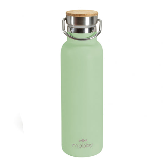Botella para regalos empresariales con tapa de bambú. Se puede personalizar con logo utilizando grabado láser o impresión uv