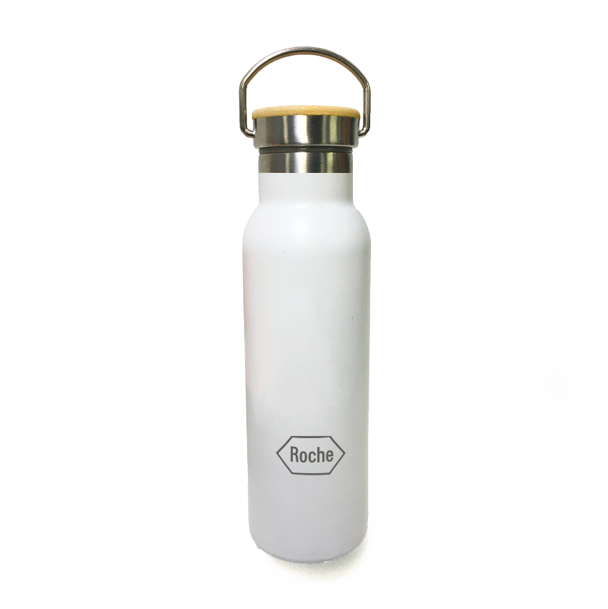 Botella para regalos empresariales con tapa de bambú. Se puede personalizar con logo utilizando grabado láser o impresión uv