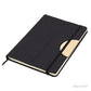 Cuaderno porta celular de tela R-PET y detalle en bambú, disponible en colores gris o negro. Logotipo en grabado láser en la tapa.
