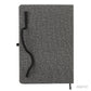 Cuaderno porta celular de tela R-PET y detalle en bambú, disponible en colores gris o negro. Logotipo en grabado láser en la tapa.