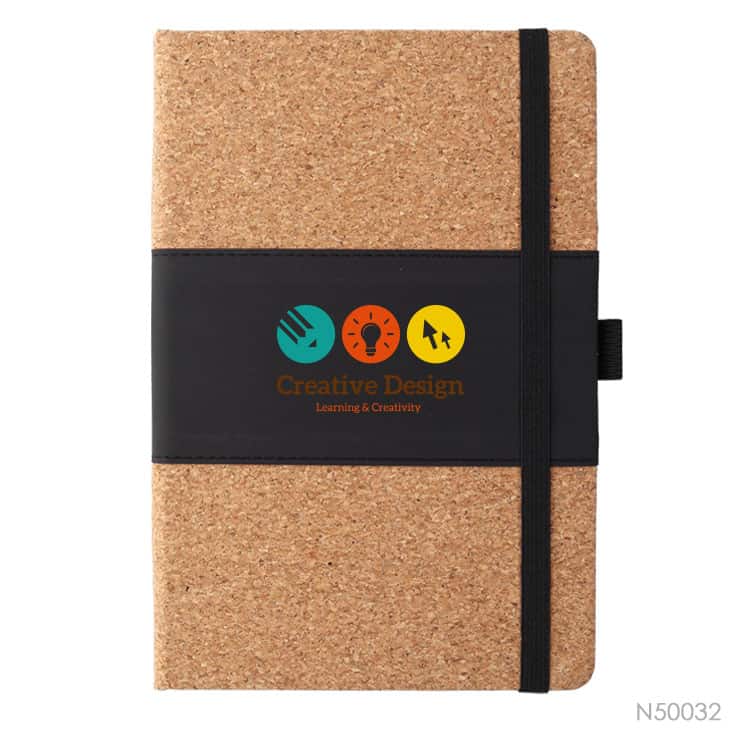 Cuaderno de tela PU y corcho con logotipo que puede aplicarse mediante impresión UV o grabado láser.