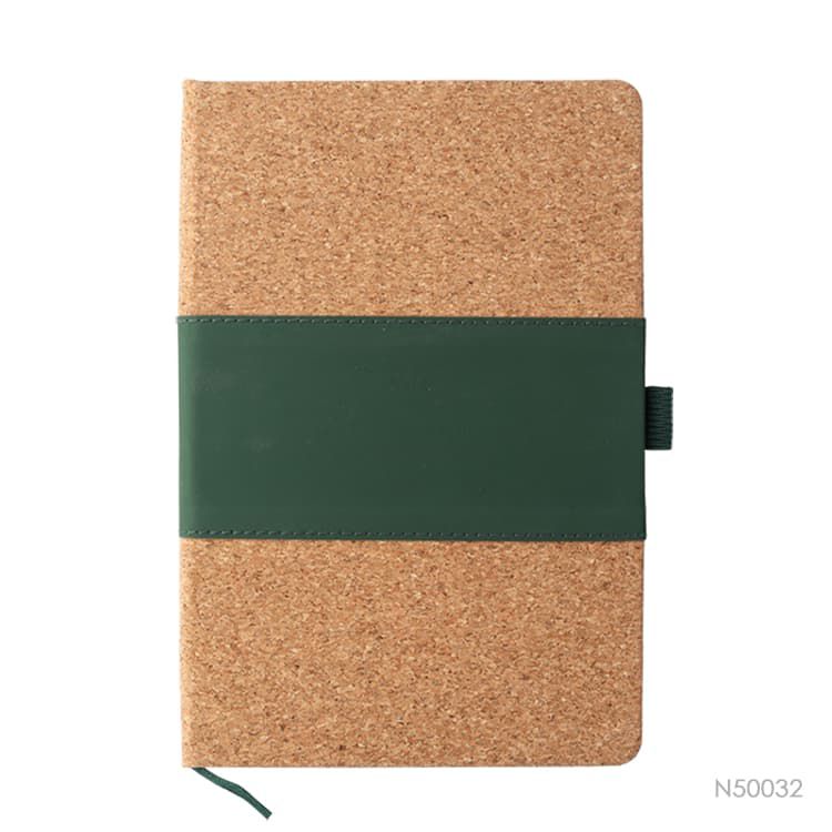 Cuaderno de tela PU y corcho con logotipo que puede aplicarse mediante impresión UV o grabado láser.