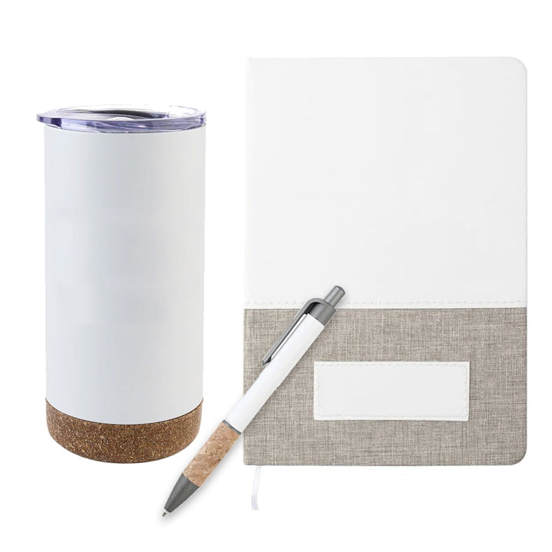 Kit que incluye un vaso_termico con base_de_corcho y tapa transparente. Para regalos para empresas el vaso se puede personalizar con un logo utilizando grabado láser.