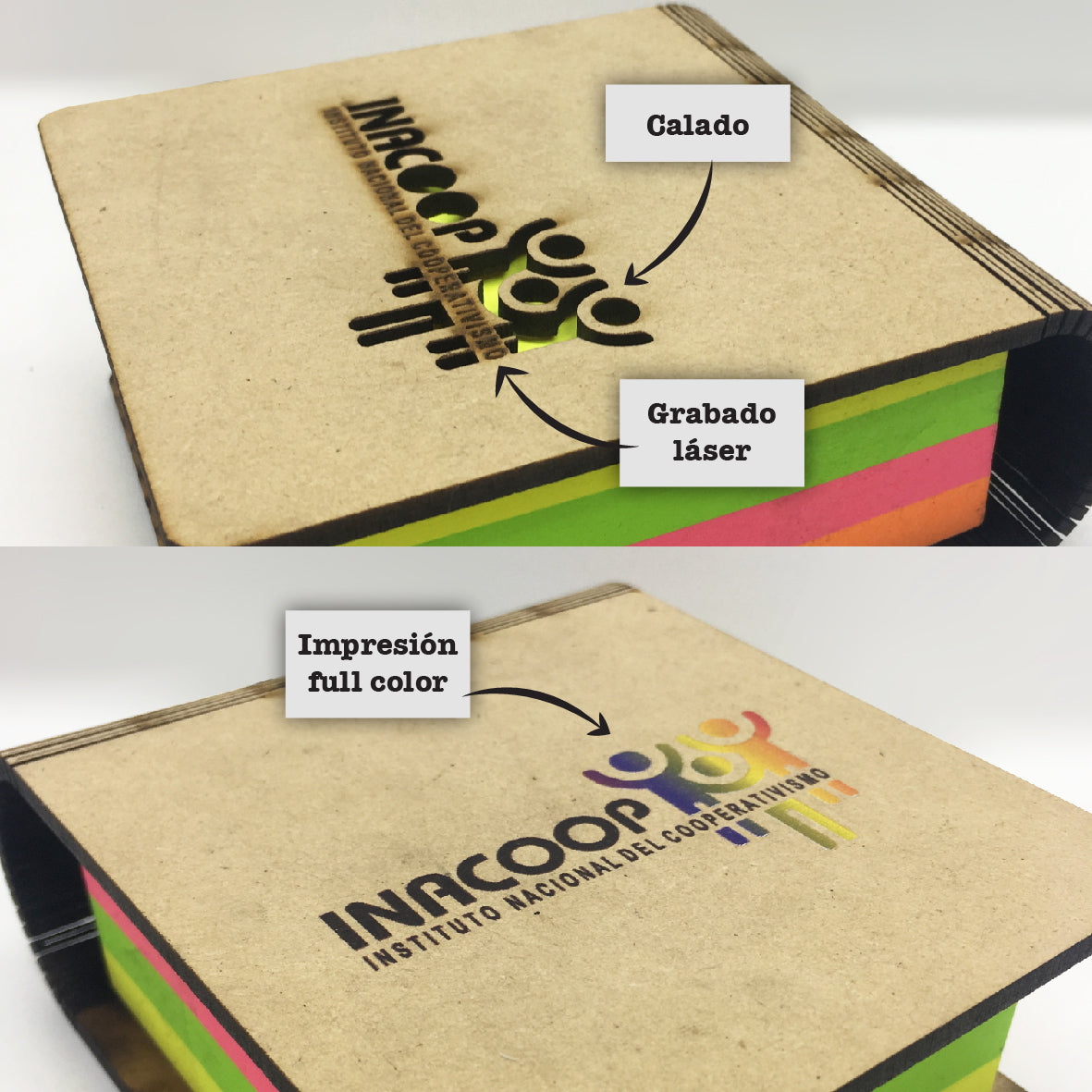 Libreta Post It con tapa de madera que puede personalizarse con impresión UV, calado o grabado láser