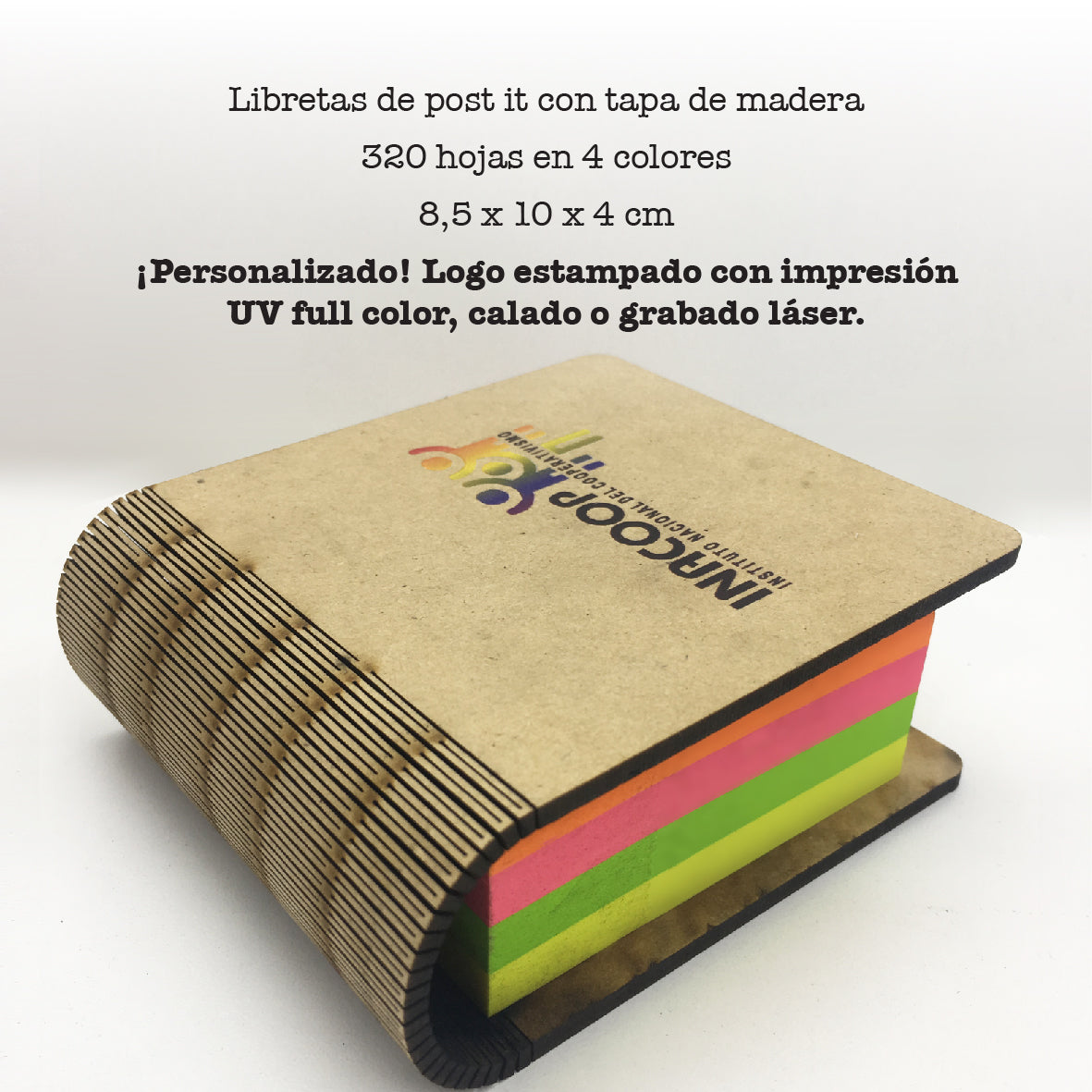 Libreta Post It con tapa de madera que puede personalizarse con impresión UV, calado o grabado láser