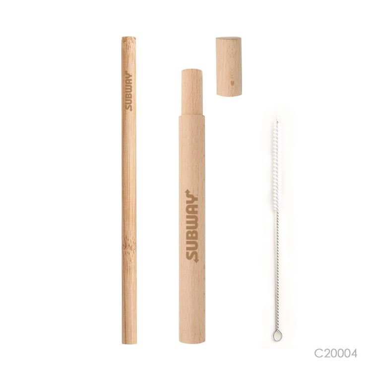 Sorbito de bambú con estuche y limpiador. Para regalos empresariales se puede personalizar el sorbito y el estuche con un logo utilizando impresión UV o grabado láser