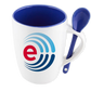 Taza con cuchara azul. Para regalos empresariales se puede personalizar con un logo.