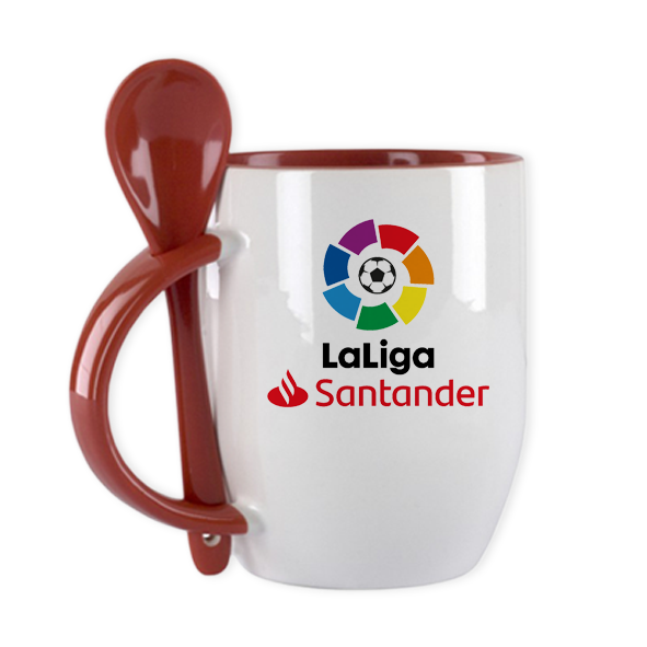 Taza con cuchara roja. Para regalos empresariales se puede personalizar con un logo.